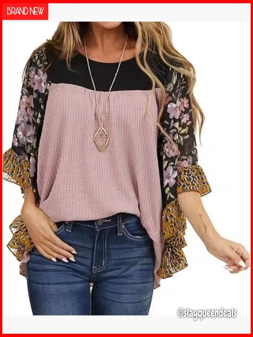 Floral Printed 3/4 Sleeve Batwing Blouse Loose Fit Pullover Top